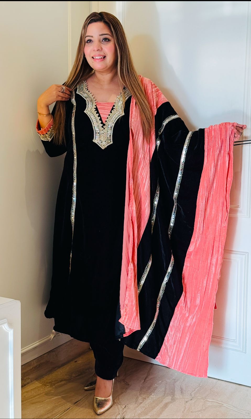 Black Velvet Anarkali with Mirror Work